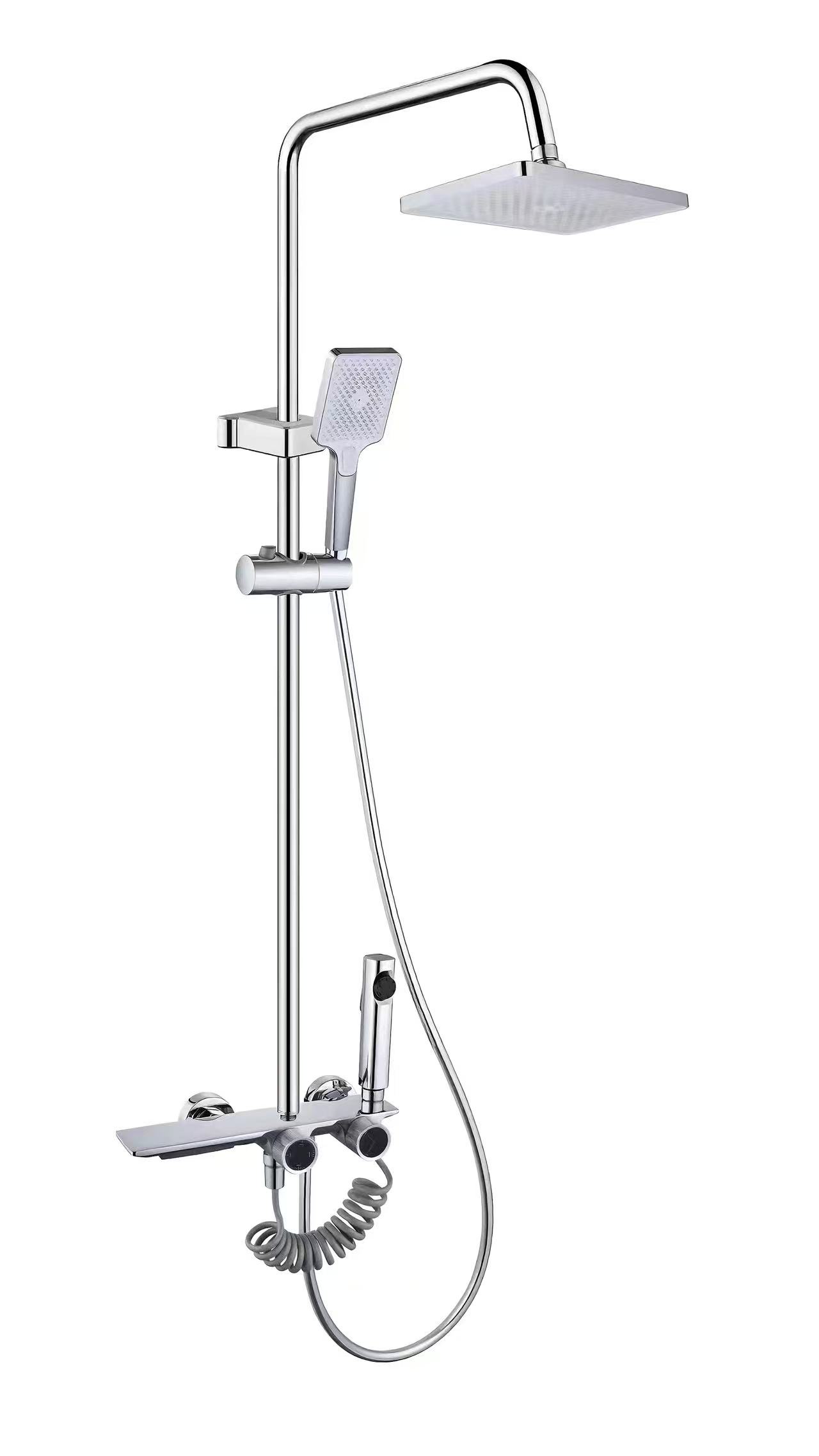 Bright Chrome Square Rain Shower Set with Dual Knobs